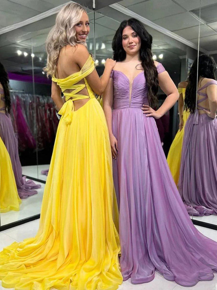 A-line Off the Shoulder Chiffon Long Prom Dresses