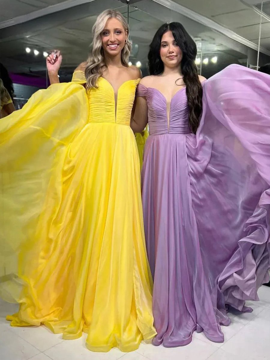 A-line Off the Shoulder Chiffon Long Prom Dresses
