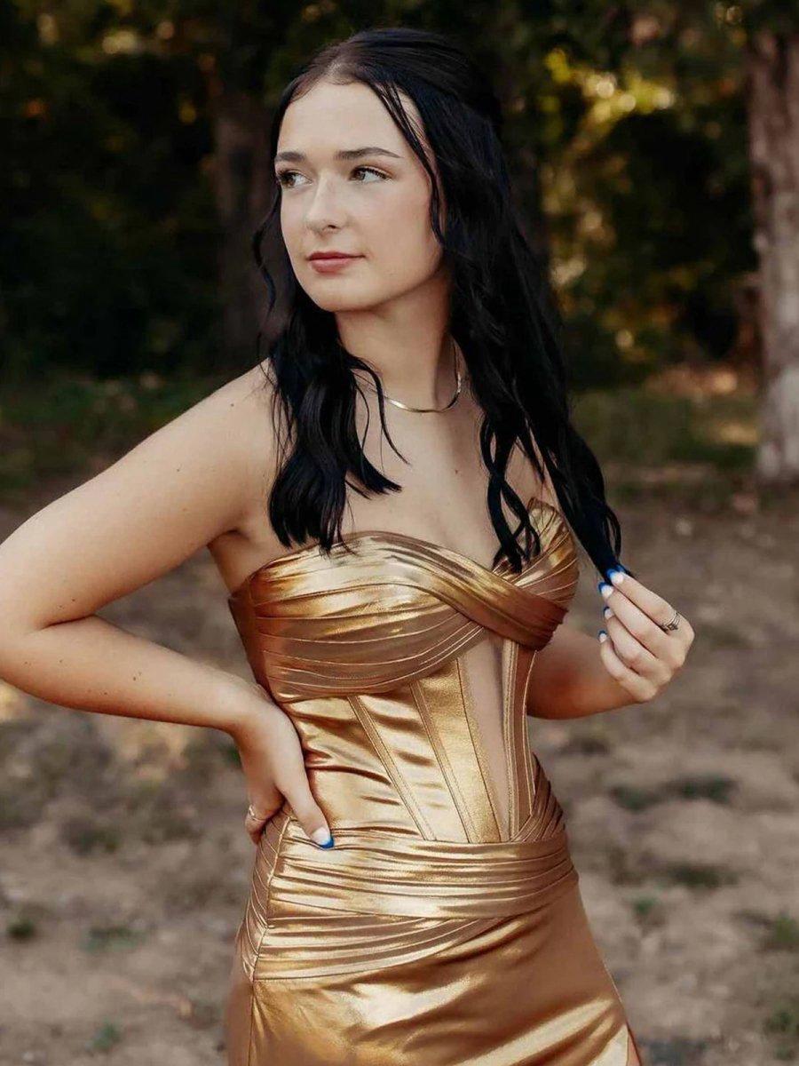 Mermaid Sweetheart Metallic Long Prom Dresses with Slit
