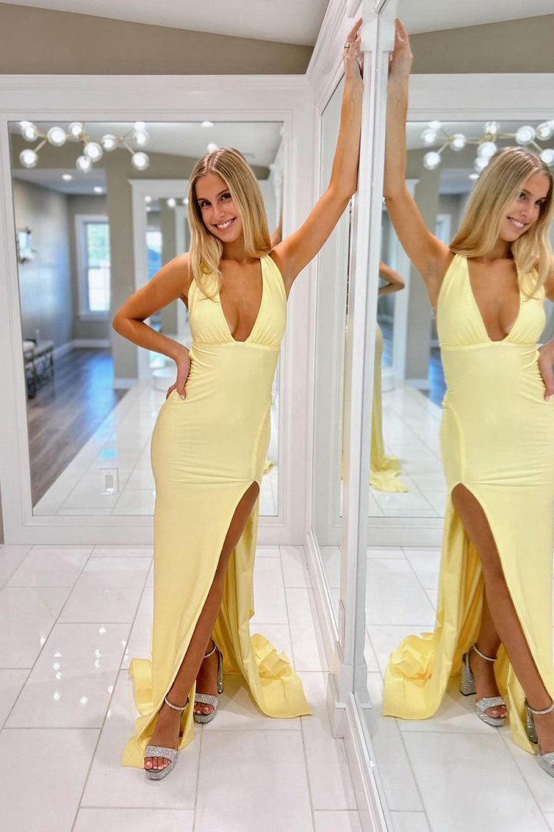 Mermaid Deep V Neck Satin Long Prom Dresses with Slit