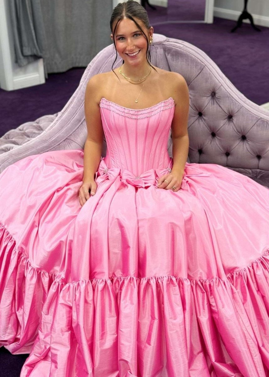 A-line Scoop Neck Satin Long Prom Dresses with Bow Knots
