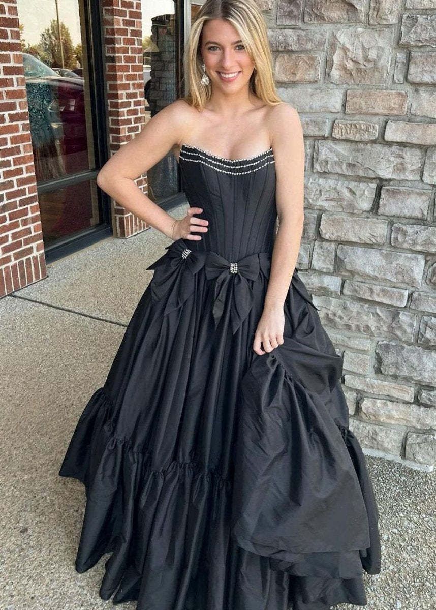 A-line Scoop Neck Satin Long Prom Dresses with Bow Knots