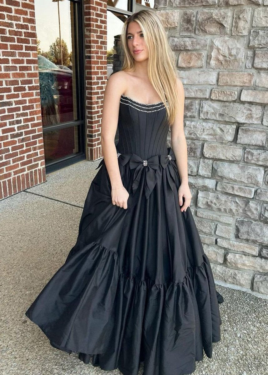 A-line Scoop Neck Satin Long Prom Dresses with Bow Knots