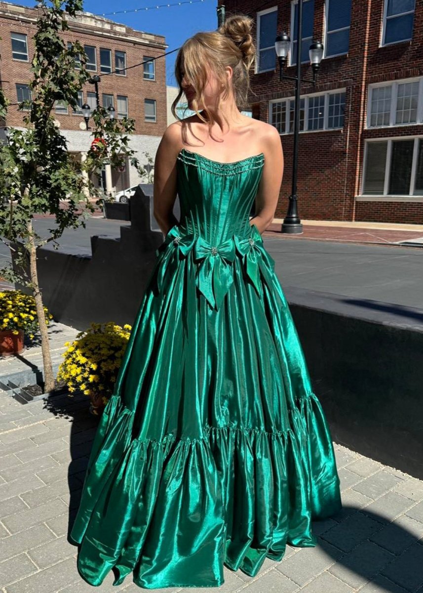 A-line Scoop Neck Satin Long Prom Dresses with Bow Knots