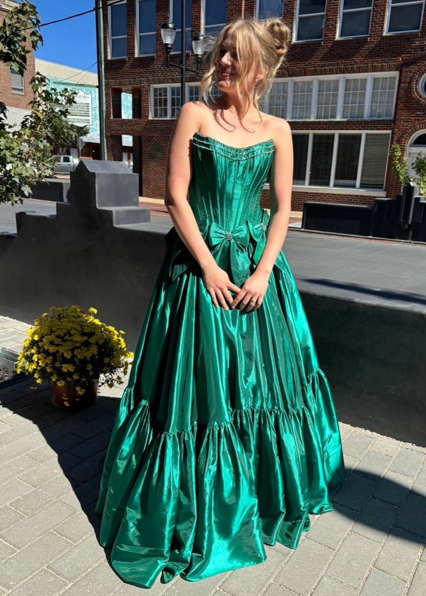 A-line Scoop Neck Satin Long Prom Dresses with Bow Knots