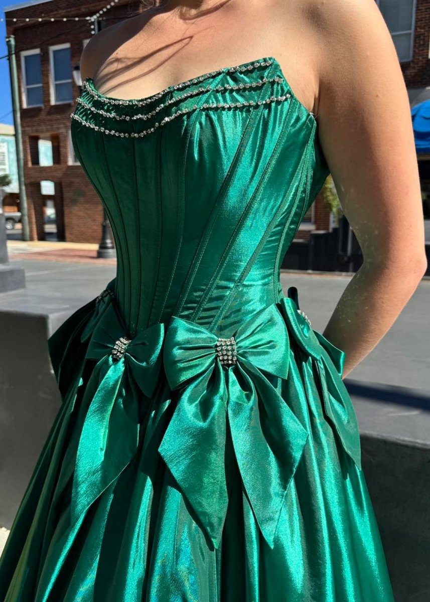 A-line Scoop Neck Satin Long Prom Dresses with Bow Knots