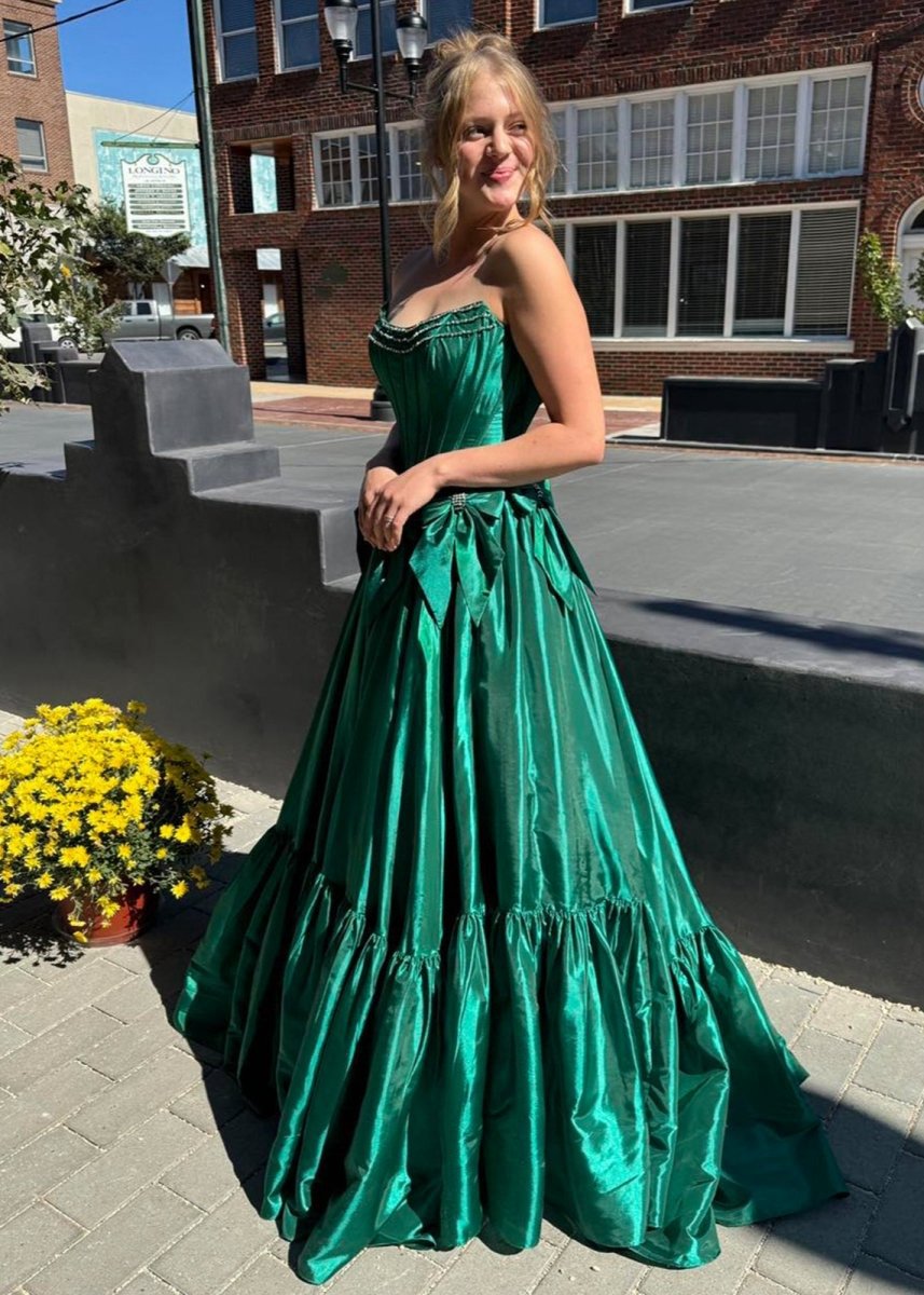A-line Scoop Neck Satin Long Prom Dresses with Bow Knots