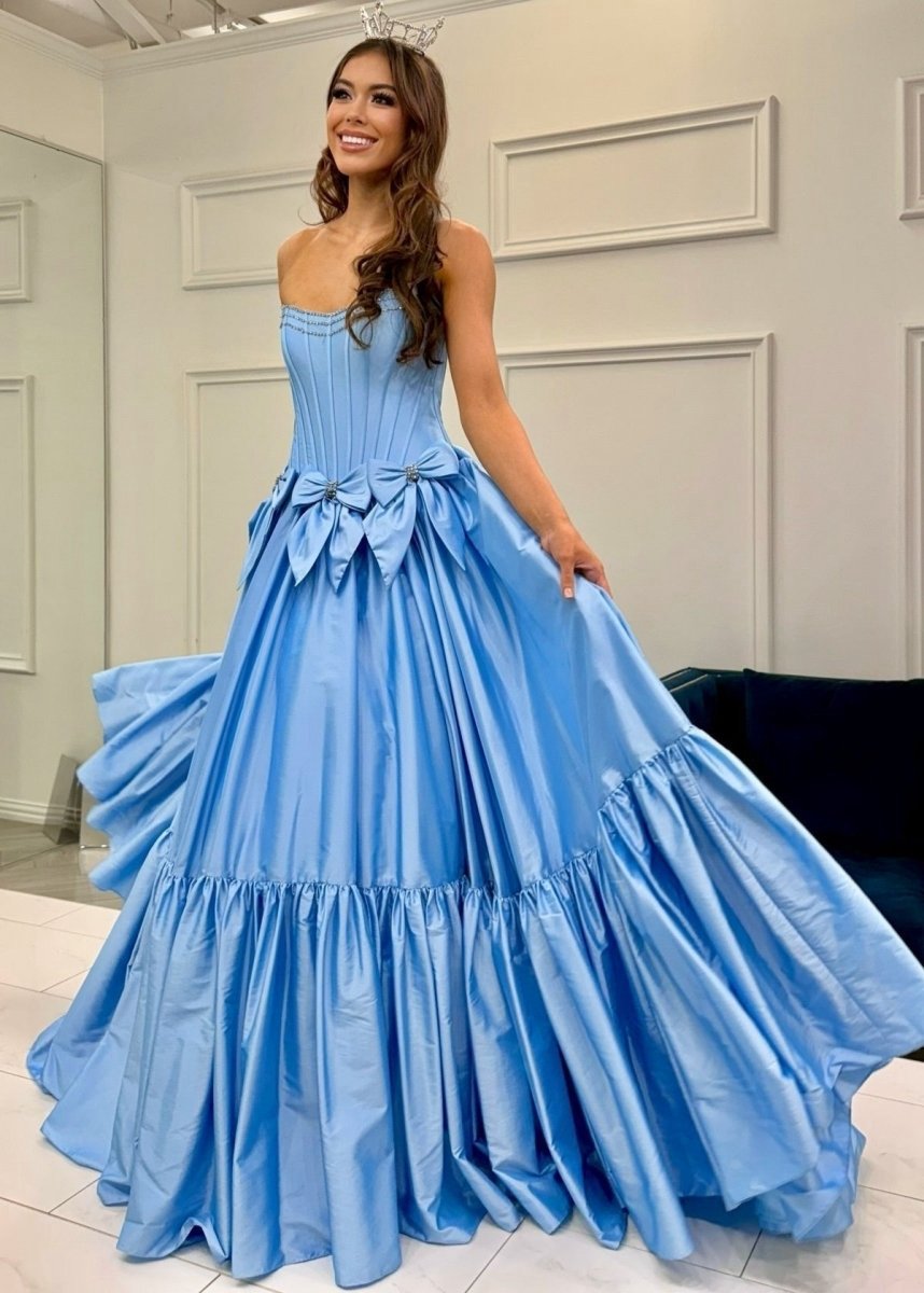 A-line Scoop Neck Satin Long Prom Dresses with Bow Knots