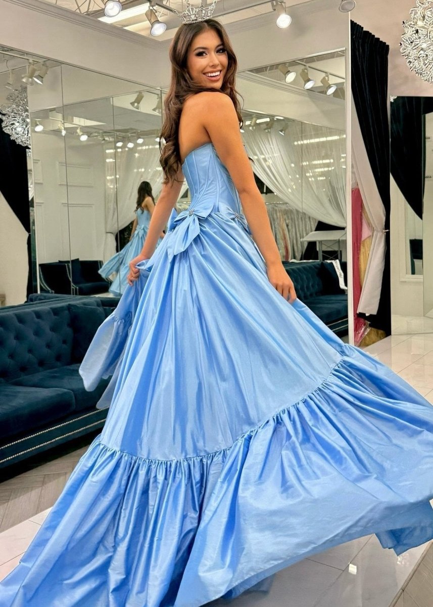 A-line Scoop Neck Satin Long Prom Dresses with Bow Knots