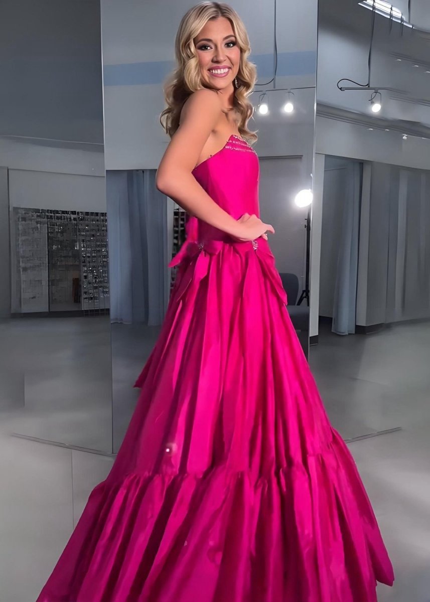 A-line Scoop Neck Satin Long Prom Dresses with Bow Knots