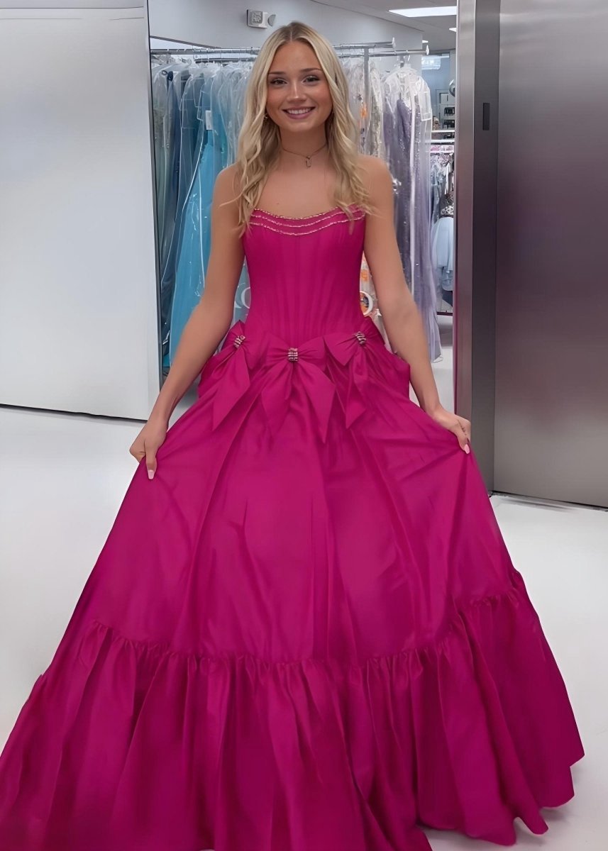 A-line Scoop Neck Satin Long Prom Dresses with Bow Knots