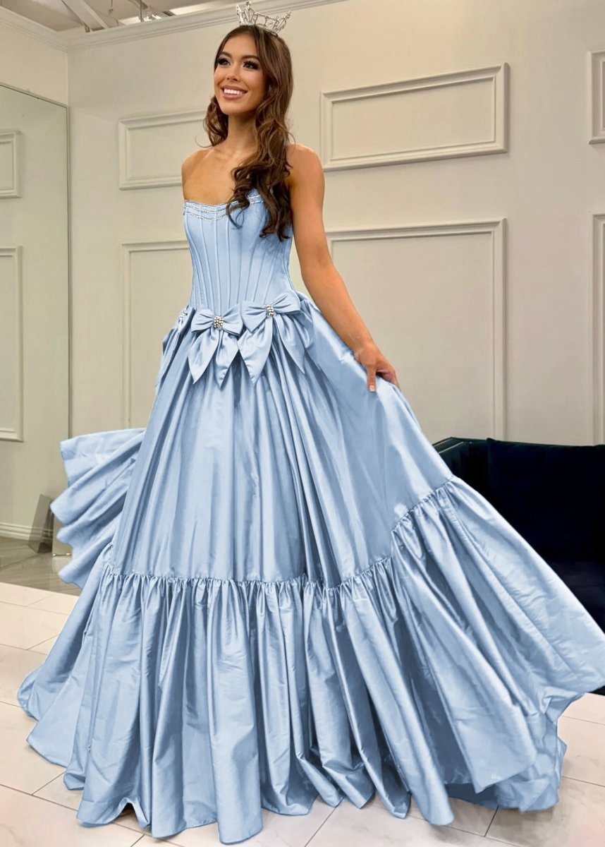 A-line Scoop Neck Satin Long Prom Dresses with Bow Knots