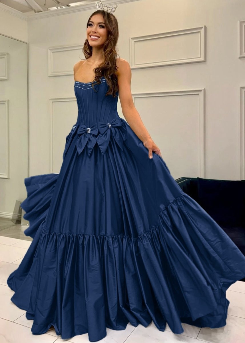 A-line Scoop Neck Satin Long Prom Dresses with Bow Knots