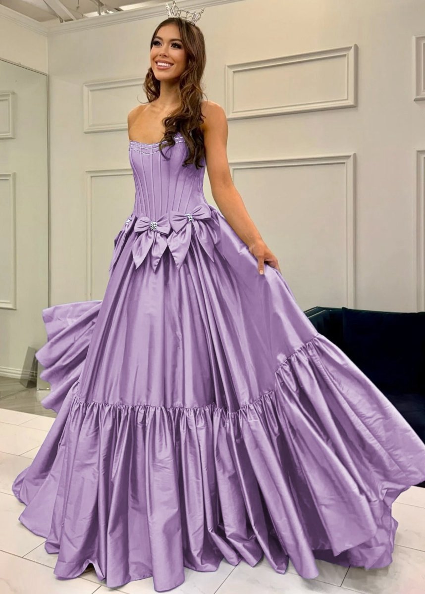 A-line Scoop Neck Satin Long Prom Dresses with Bow Knots