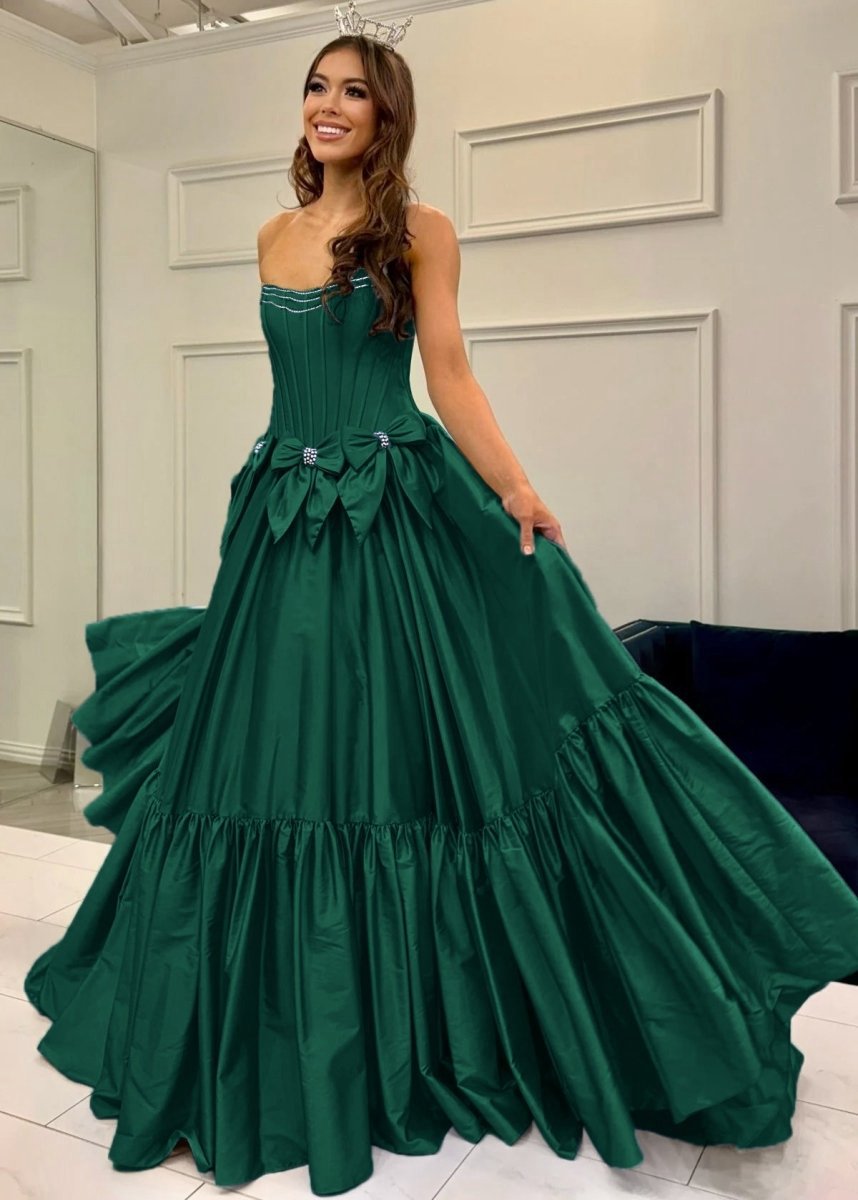 A-line Scoop Neck Satin Long Prom Dresses with Bow Knots