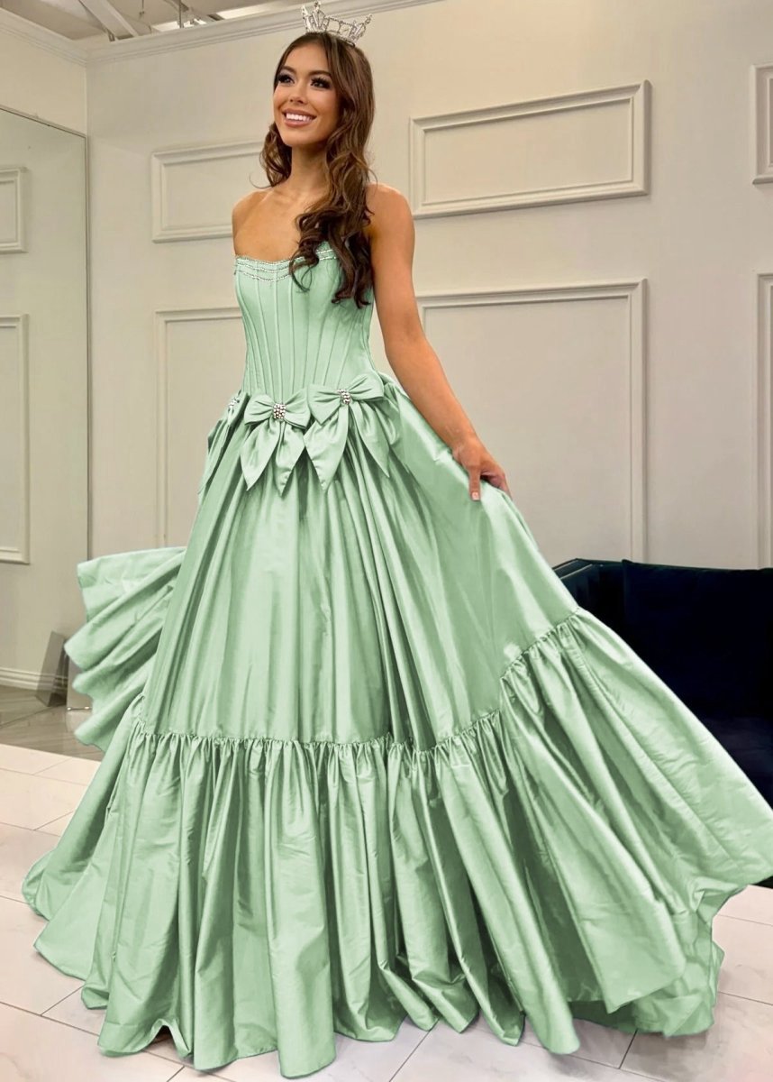 A-line Scoop Neck Satin Long Prom Dresses with Bow Knots