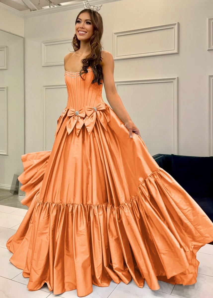 A-line Scoop Neck Satin Long Prom Dresses with Bow Knots