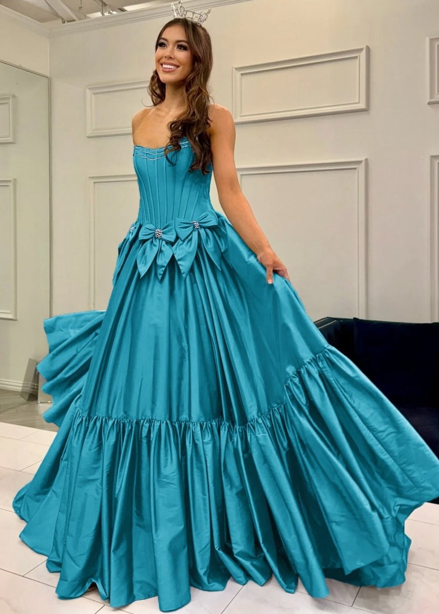 A-line Scoop Neck Satin Long Prom Dresses with Bow Knots