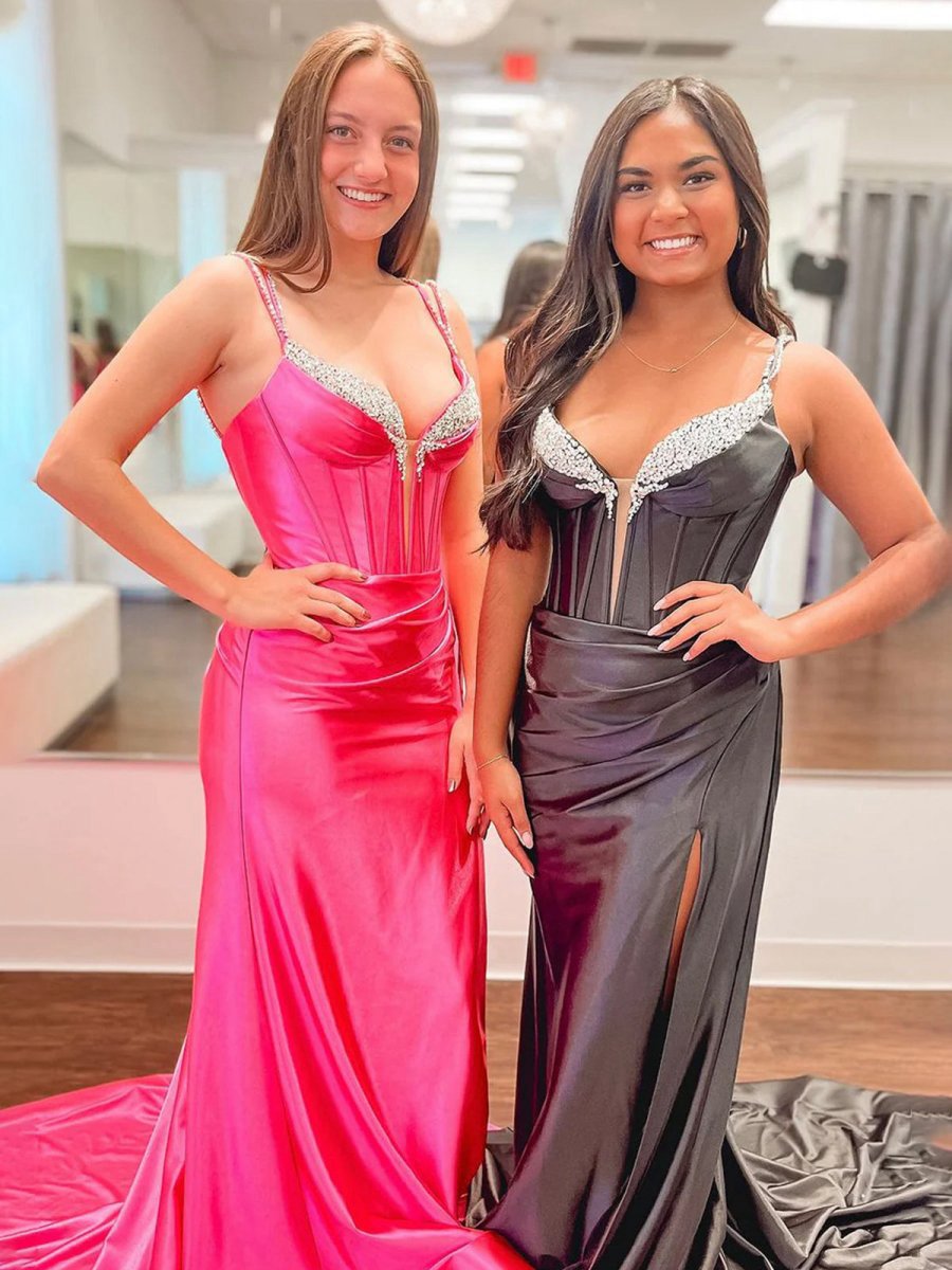Mermaid V Neck Satin Long Prom Dresses with Beading