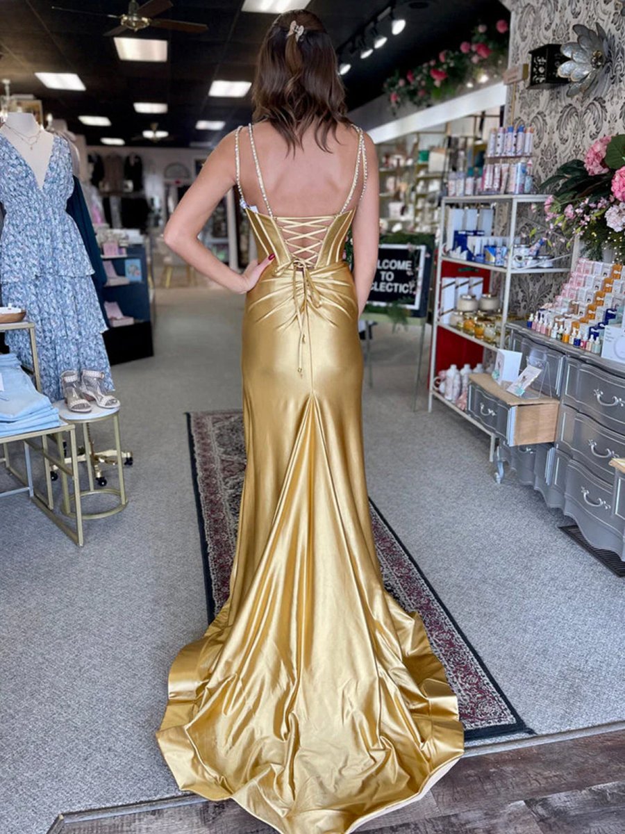 Mermaid V Neck Satin Long Prom Dresses with Beading