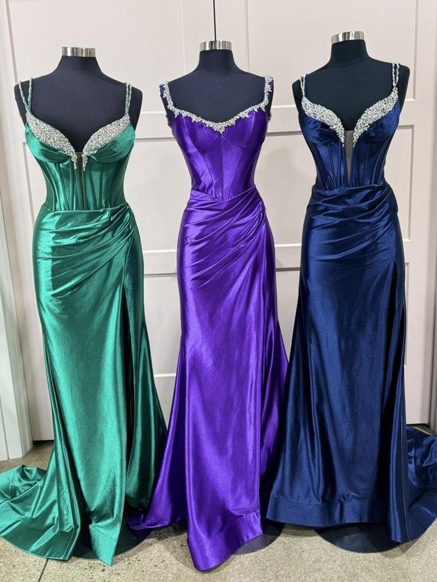 Mermaid V Neck Satin Long Prom Dresses with Beading