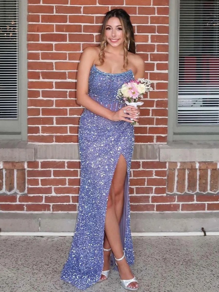 Strapless Mermaid Long Sequins Prom Dresses with Split