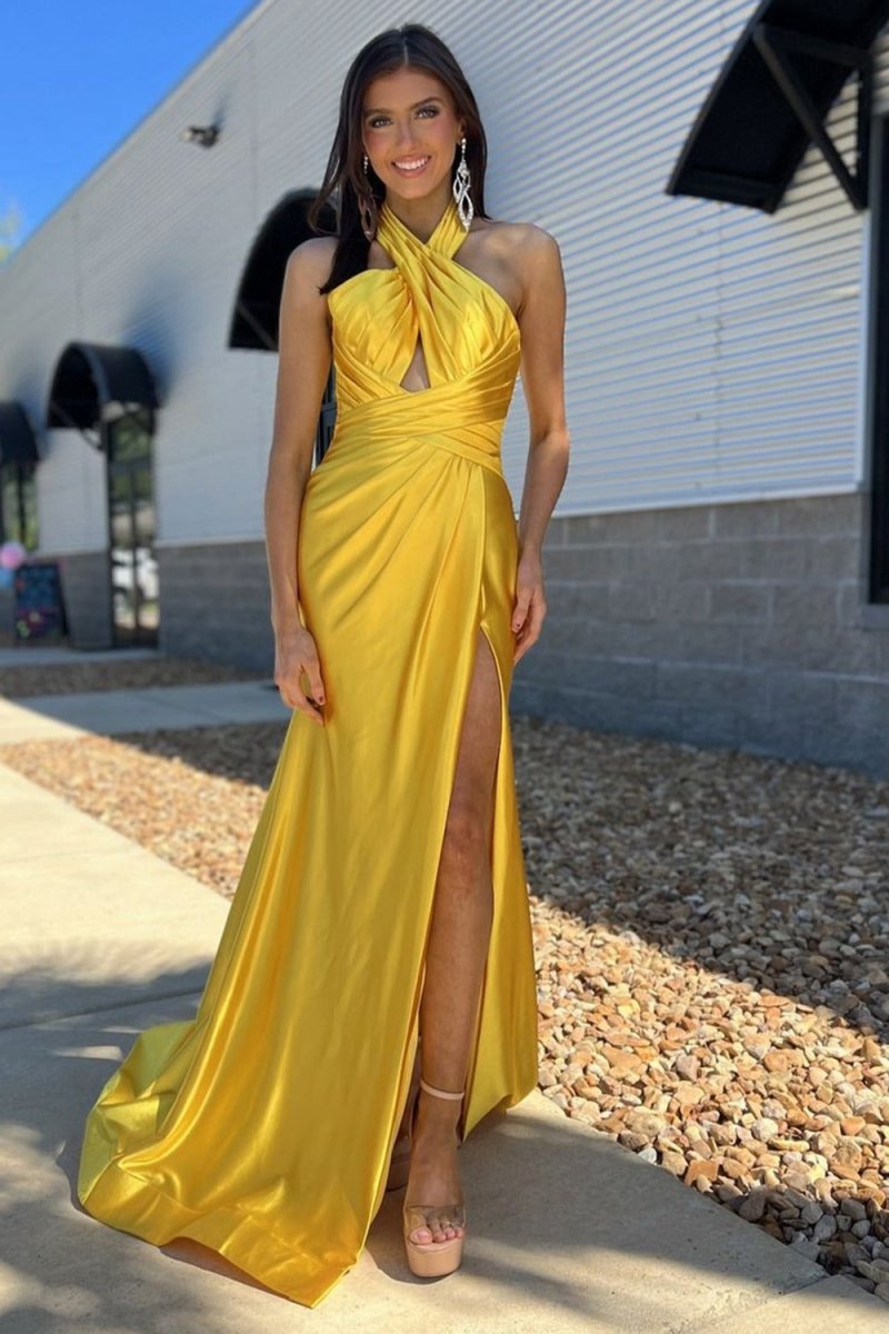 Halter Satin Mermaid Long Prom Dresses with Slit