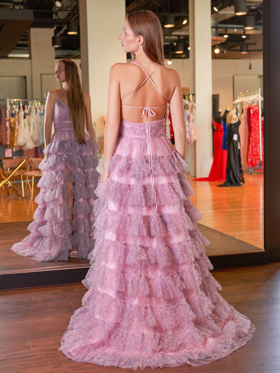 A-line Spaghetti Straps Printed Tulle Prom Dresses with Ruffles