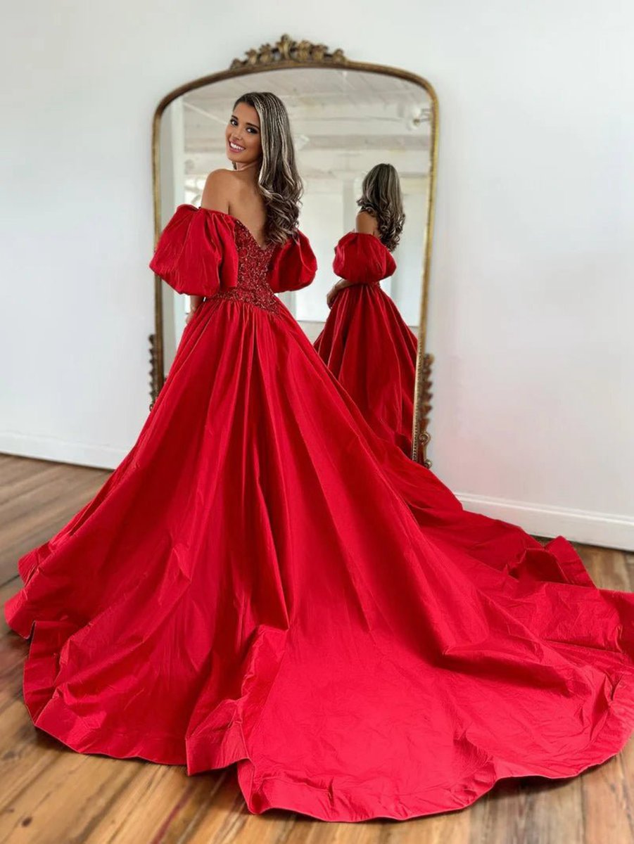 A-line Off the Shoulder Taffeta Prom Dresses with Short Puffy Sleeves