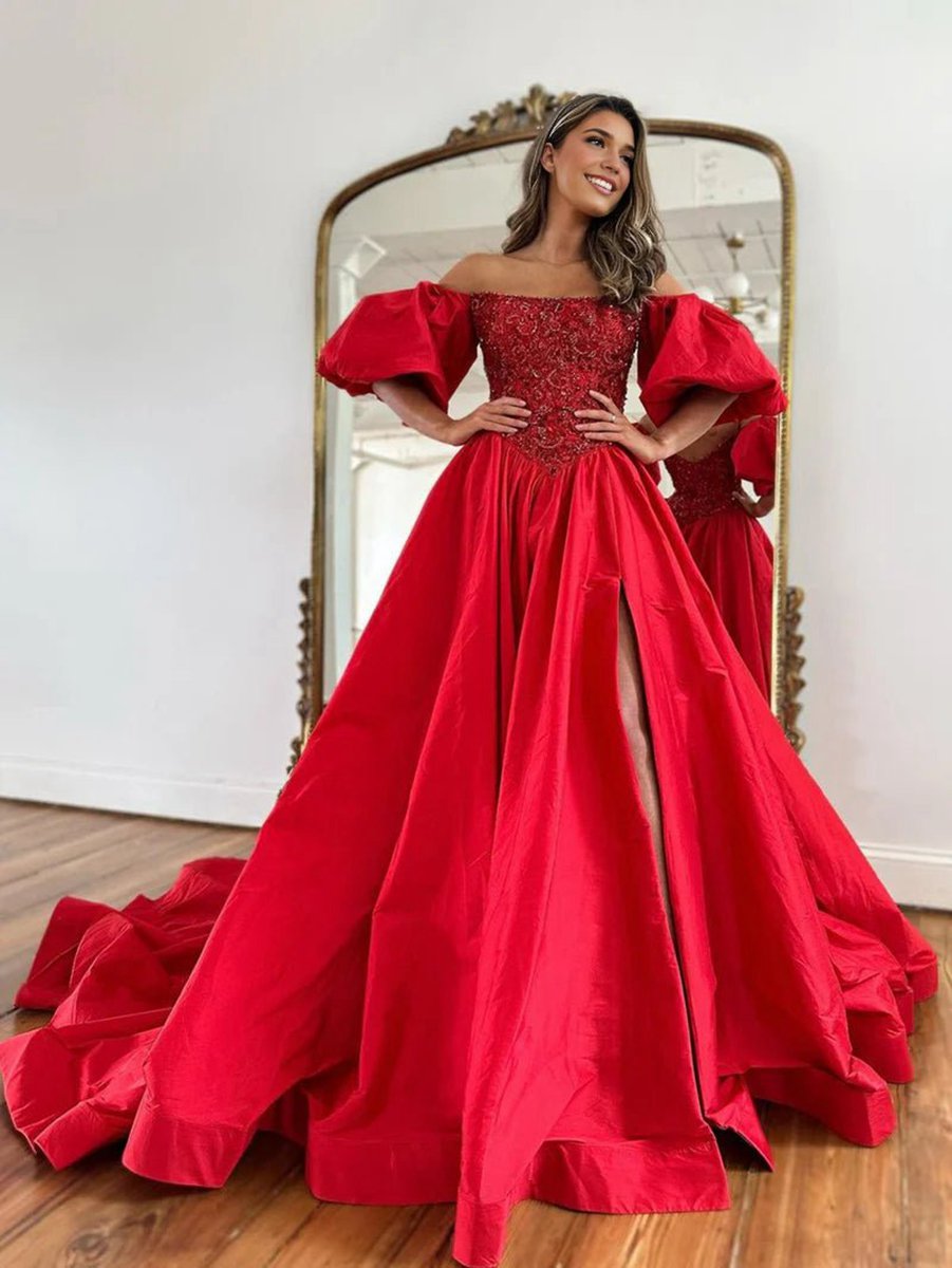 A-line Off the Shoulder Taffeta Prom Dresses with Short Puffy Sleeves
