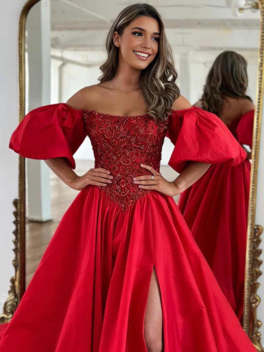 A-line Off the Shoulder Taffeta Prom Dresses with Short Puffy Sleeves