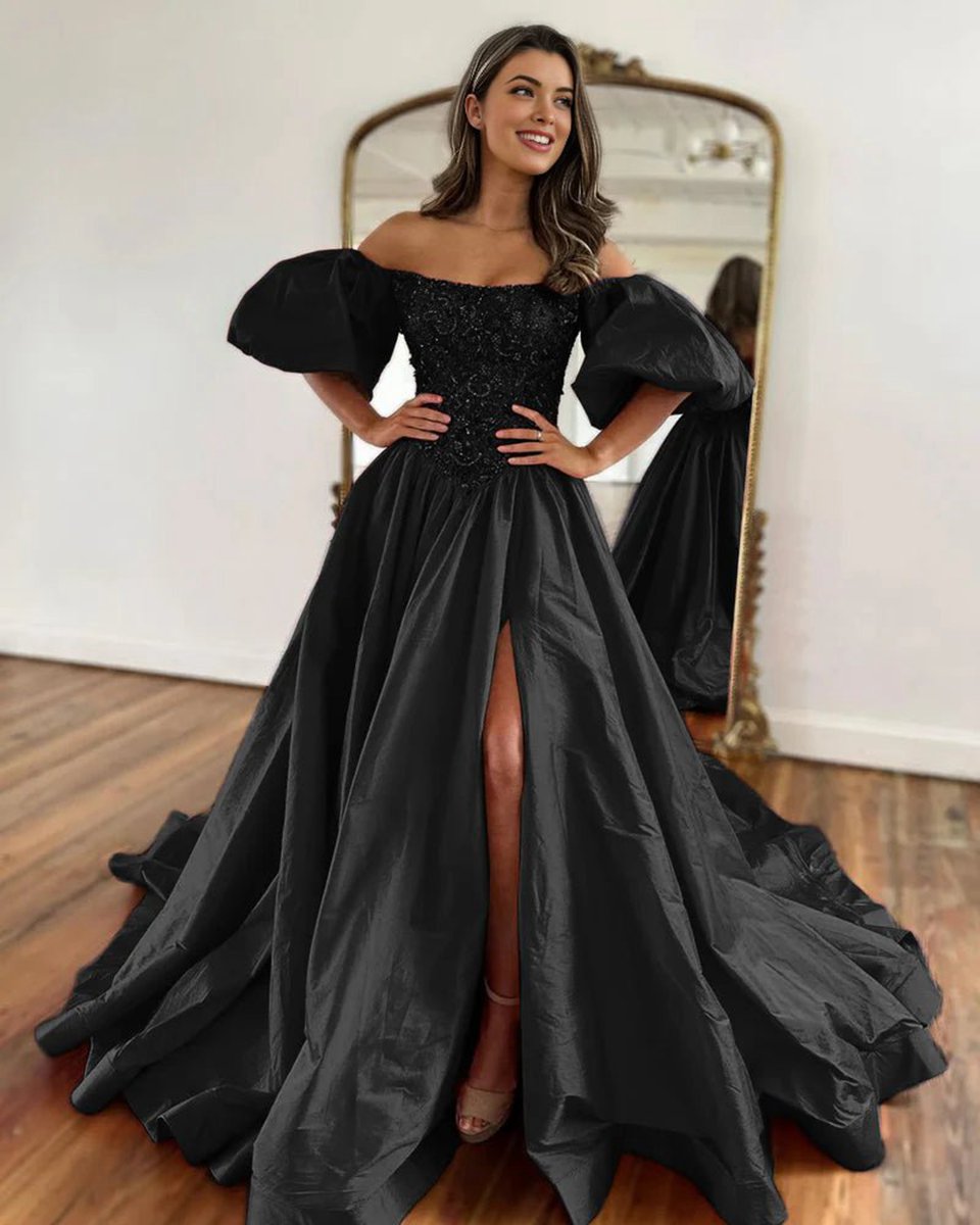 A-line Off the Shoulder Taffeta Prom Dresses with Short Puffy Sleeves