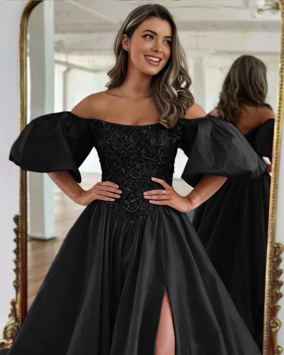 A-line Off the Shoulder Taffeta Prom Dresses with Short Puffy Sleeves
