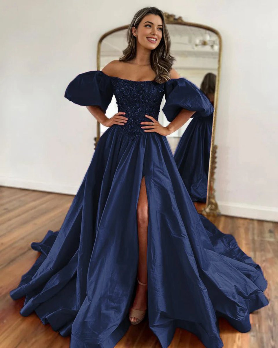 A-line Off the Shoulder Taffeta Prom Dresses with Short Puffy Sleeves