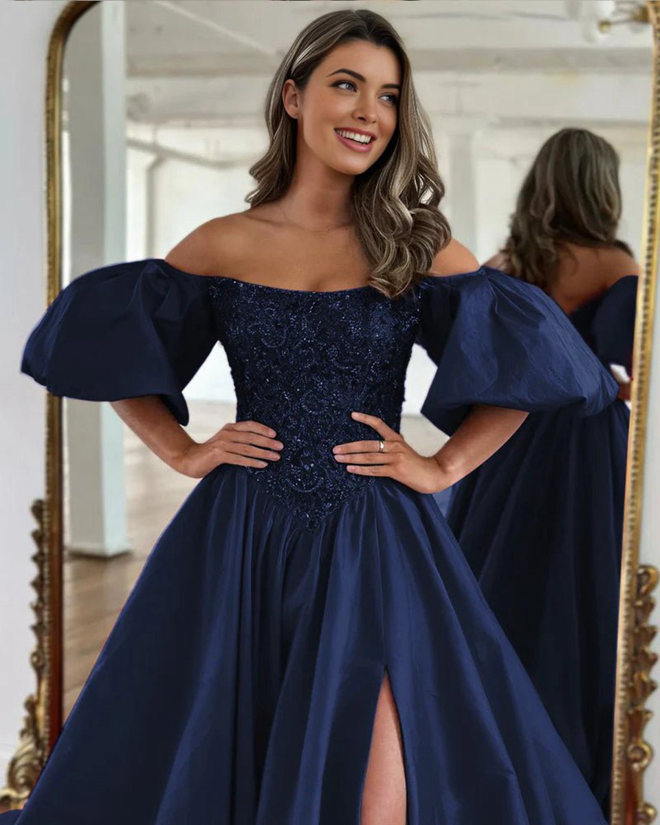 A-line Off the Shoulder Taffeta Prom Dresses with Short Puffy Sleeves