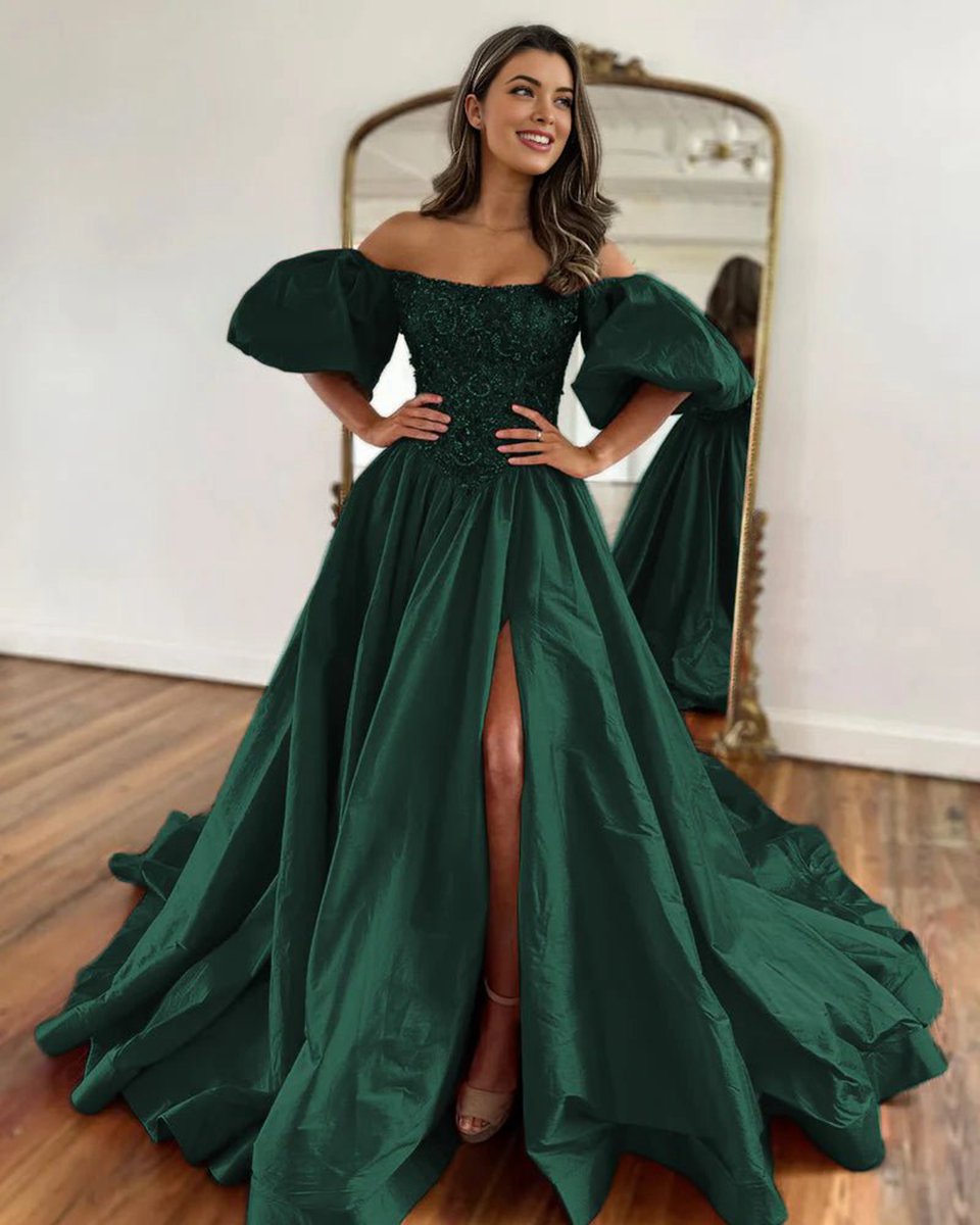 A-line Off the Shoulder Taffeta Prom Dresses with Short Puffy Sleeves