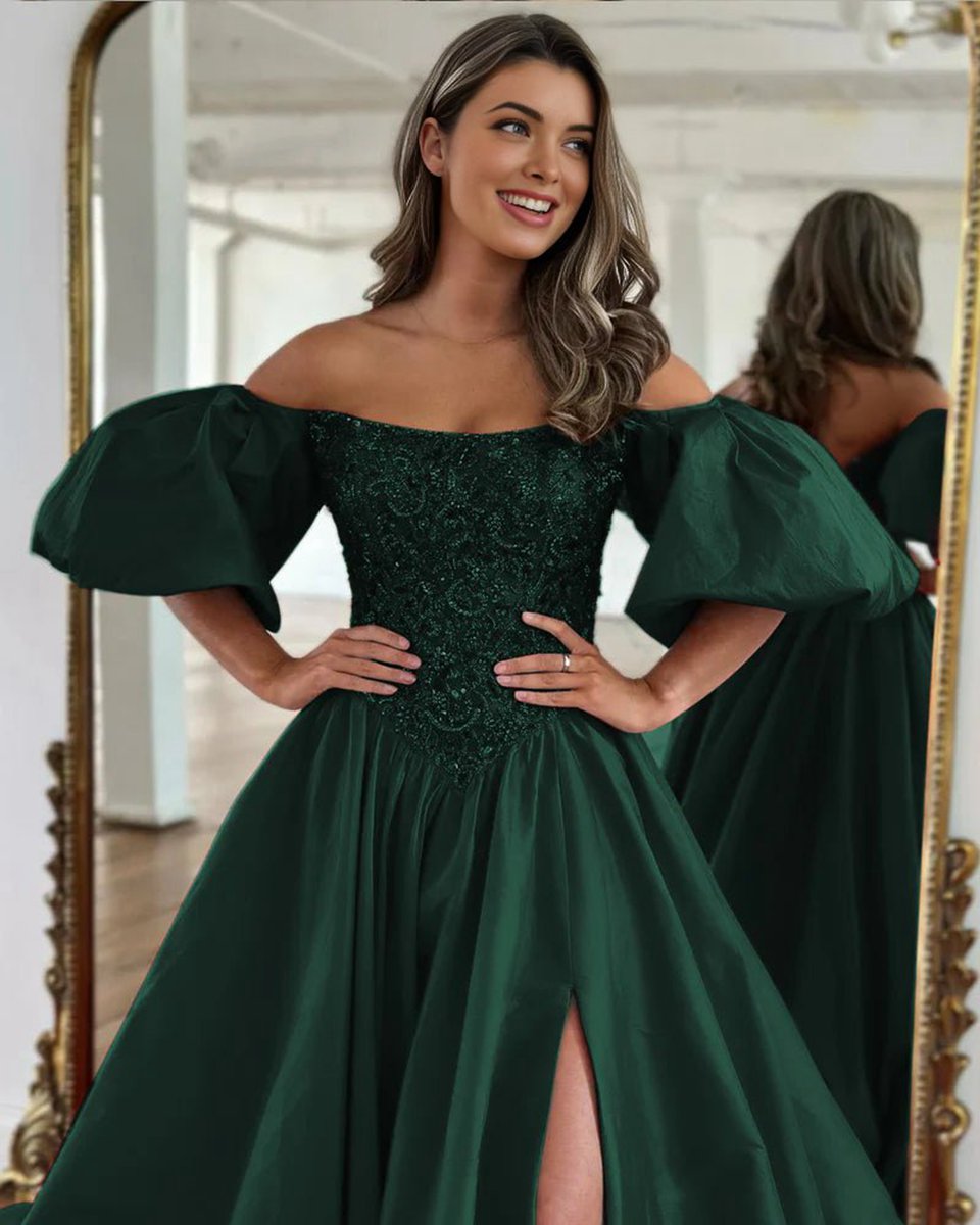 A-line Off the Shoulder Taffeta Prom Dresses with Short Puffy Sleeves