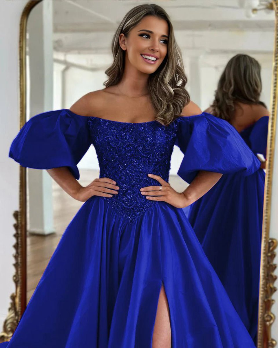A-line Off the Shoulder Taffeta Prom Dresses with Short Puffy Sleeves