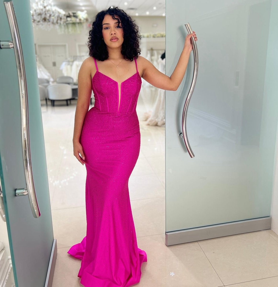 Mermaid Spaghetti Straps Beaded Satin Long Prom Dresses
