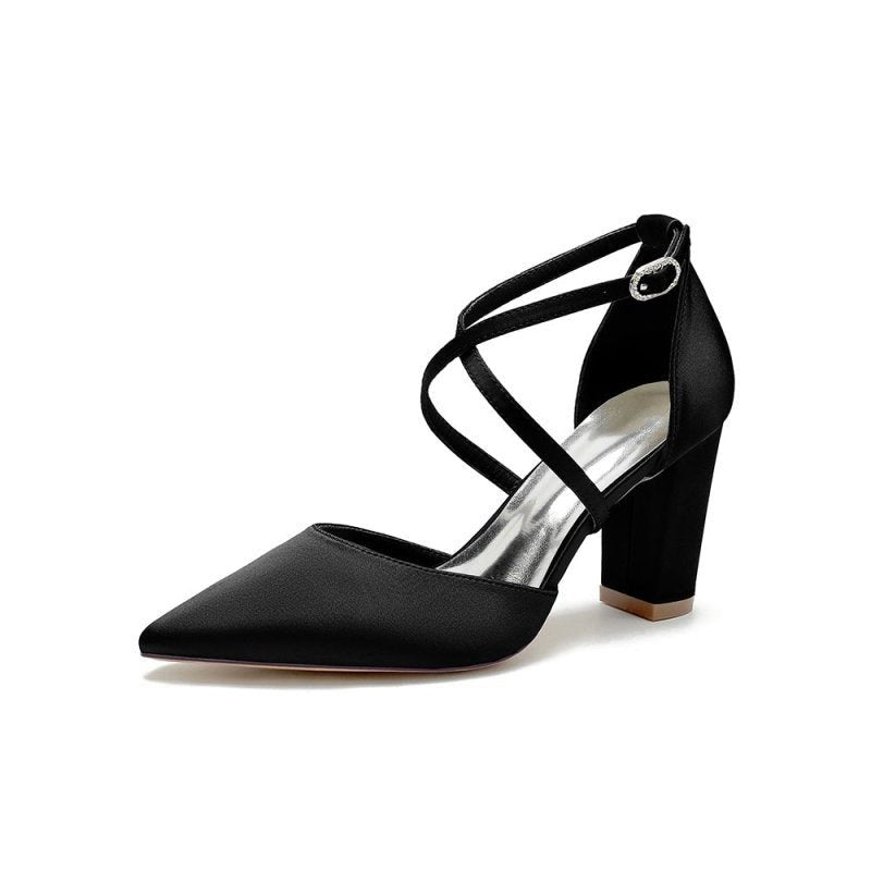 Satin Pump with Cross-Strap and Metal Accent