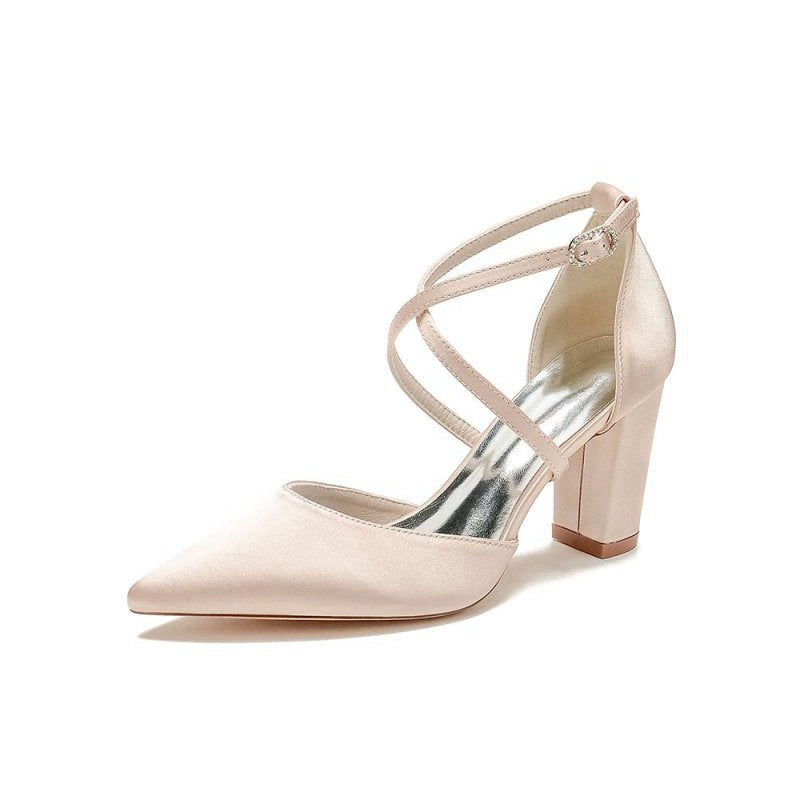 Satin Pump with Cross-Strap and Metal Accent