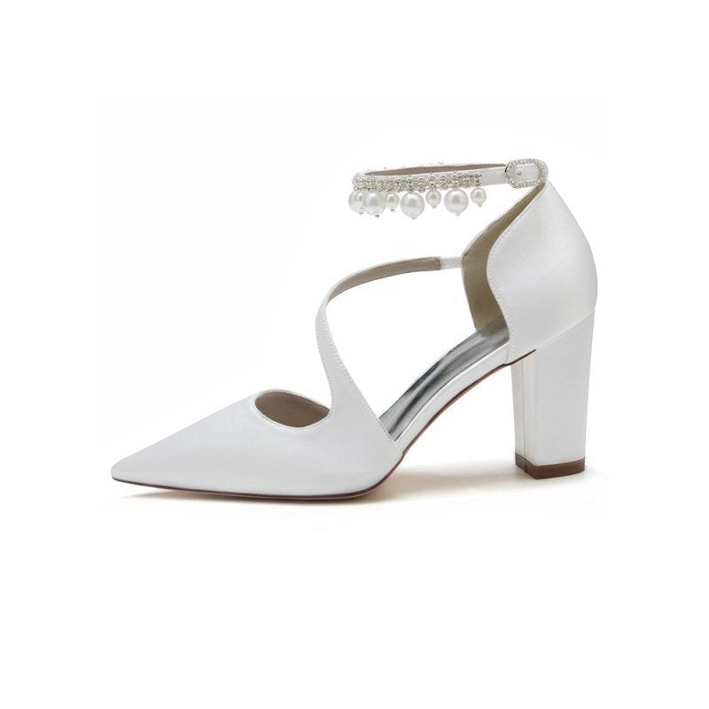 Satin Heels with Cross-Strap Design and Pearl-Accented Buckle