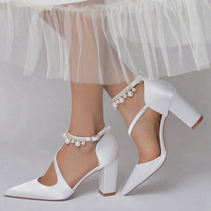 Satin Heels with Cross-Strap Design and Pearl-Accented Buckle