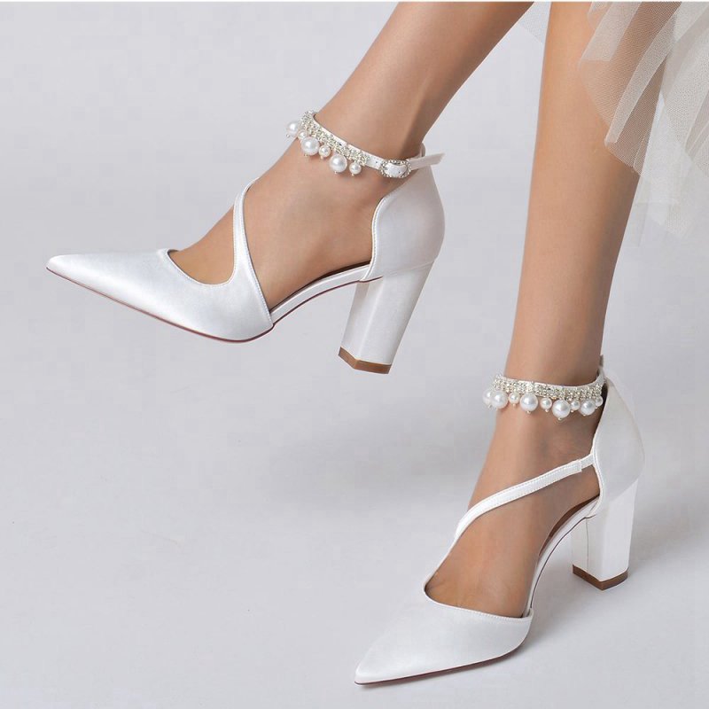 Satin Heels with Cross-Strap Design and Pearl-Accented Buckle
