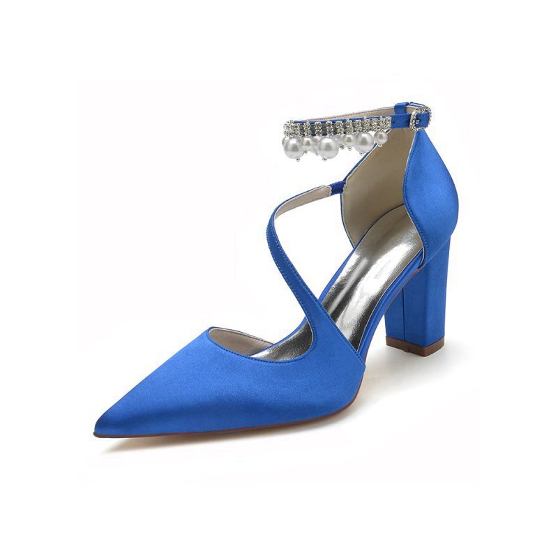 Satin Heels with Cross-Strap Design and Pearl-Accented Buckle