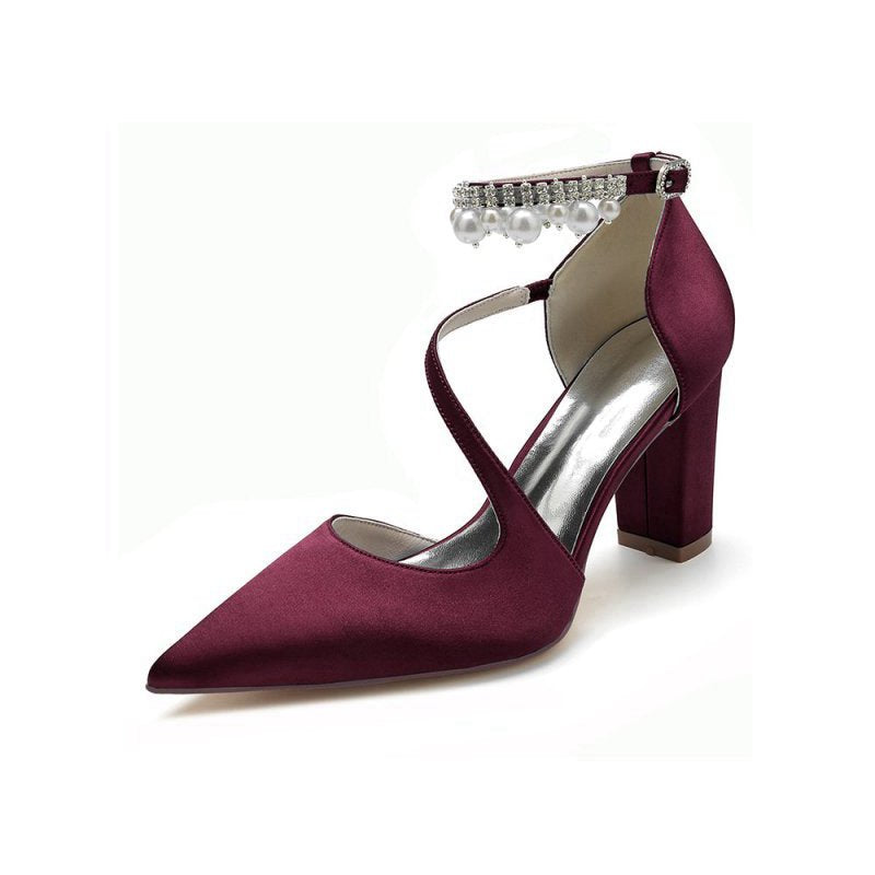Satin Heels with Cross-Strap Design and Pearl-Accented Buckle