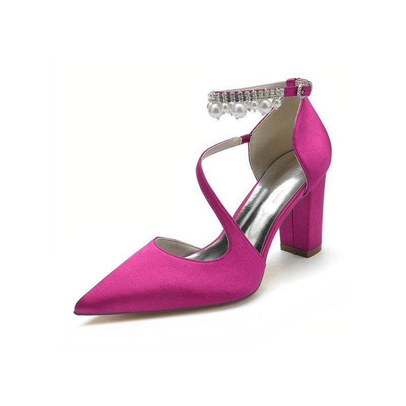 Satin Heels with Cross-Strap Design and Pearl-Accented Buckle