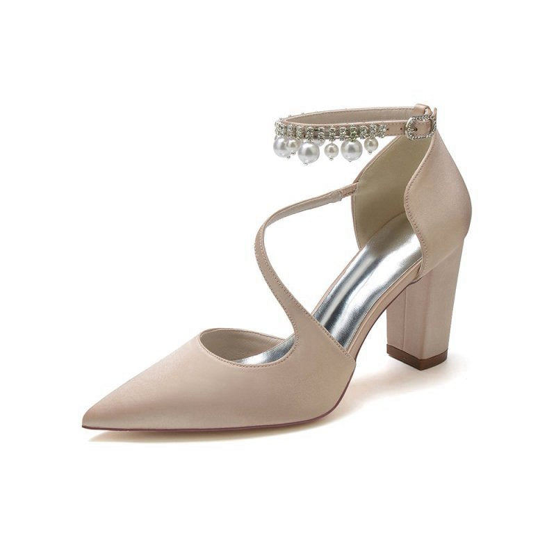 Satin Heels with Cross-Strap Design and Pearl-Accented Buckle