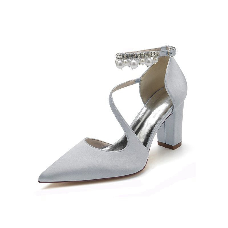 Satin Heels with Cross-Strap Design and Pearl-Accented Buckle