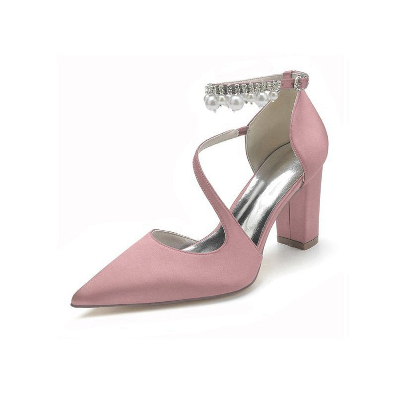 Satin Heels with Cross-Strap Design and Pearl-Accented Buckle